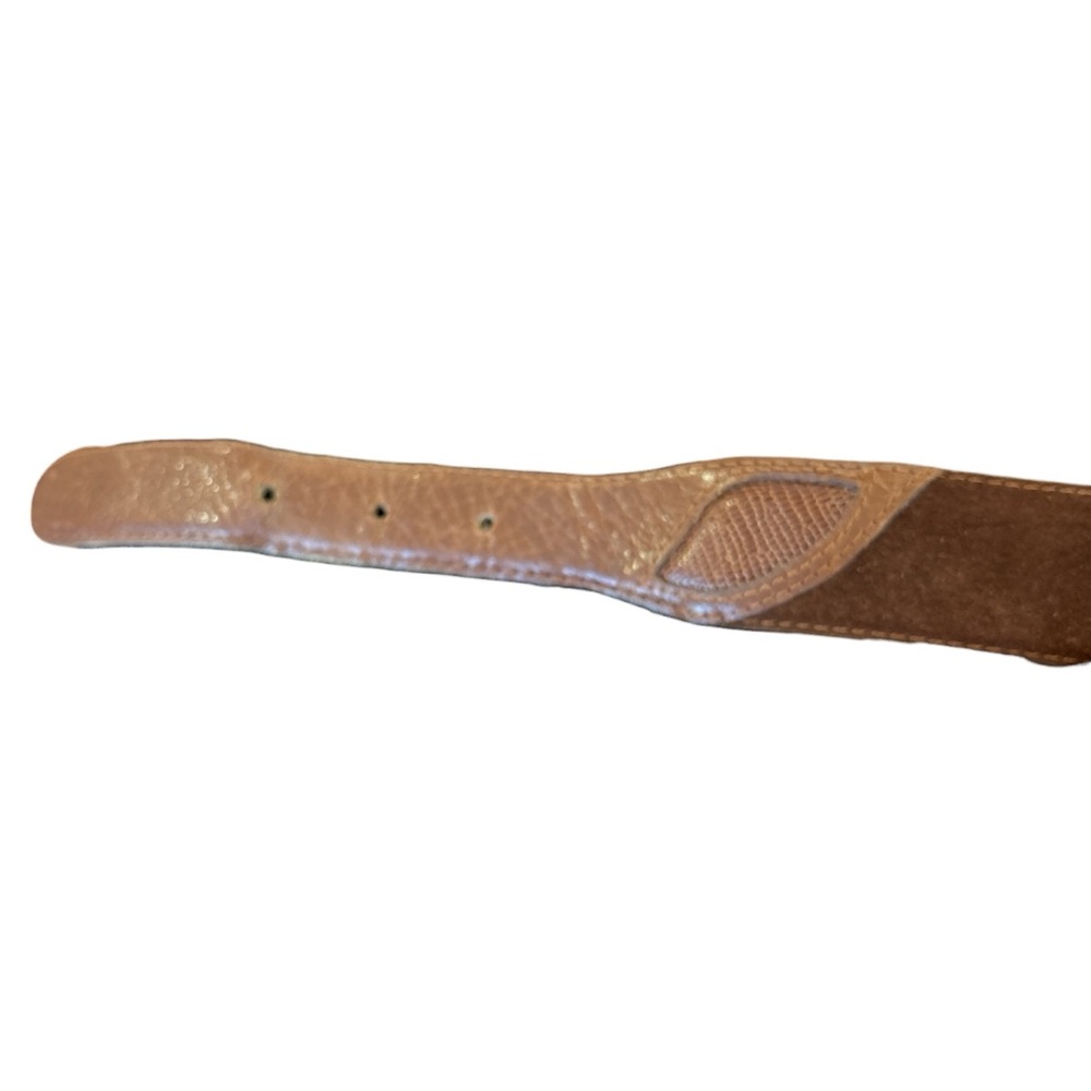 VTG LIZ CLAIBORNE BROWN 1.5" WIDE LEATHER & SUEDE BELT W A WOODEN BUCKLE SZ L - Picture 7 of 10